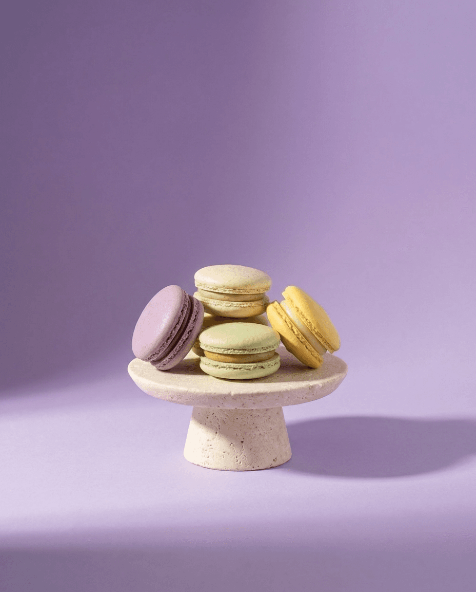 Lilac and cream macarons in soft window light