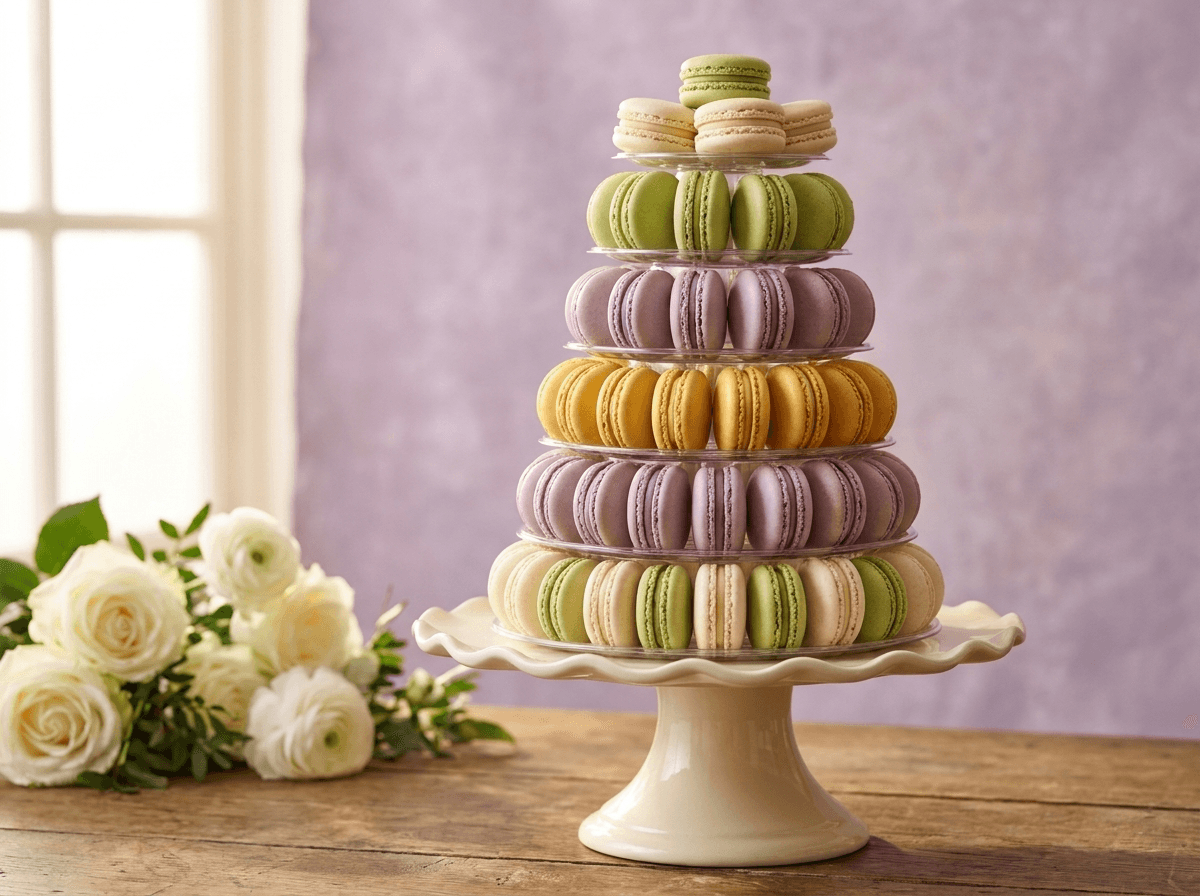 A lilac macaron tower for an event spread